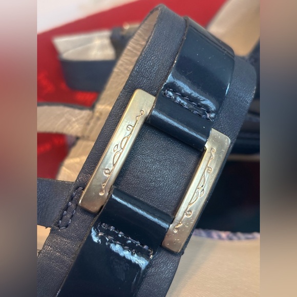 BLONDO Debi Leather Wooden Heel Oprn Toe Navy Sandals Silver Buckle Detail, Box - Picture 2 of 10